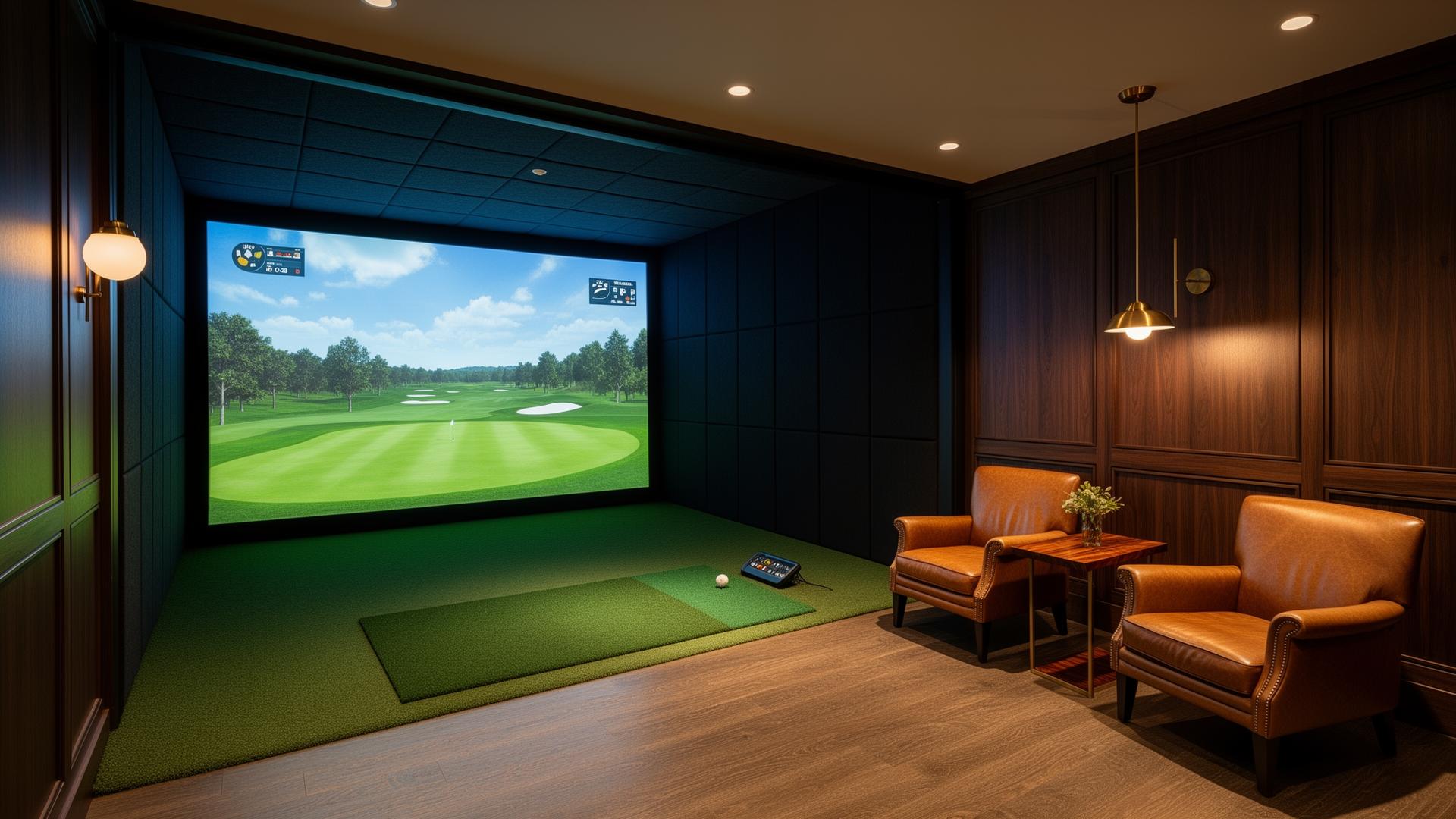 A dim private simulator bay with warm low light — members-only practice room