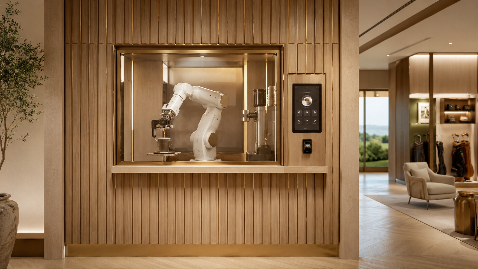 A robotic barista arm integrated into a pale oak slat wall, framed in brushed brass — premium unattended coffee service