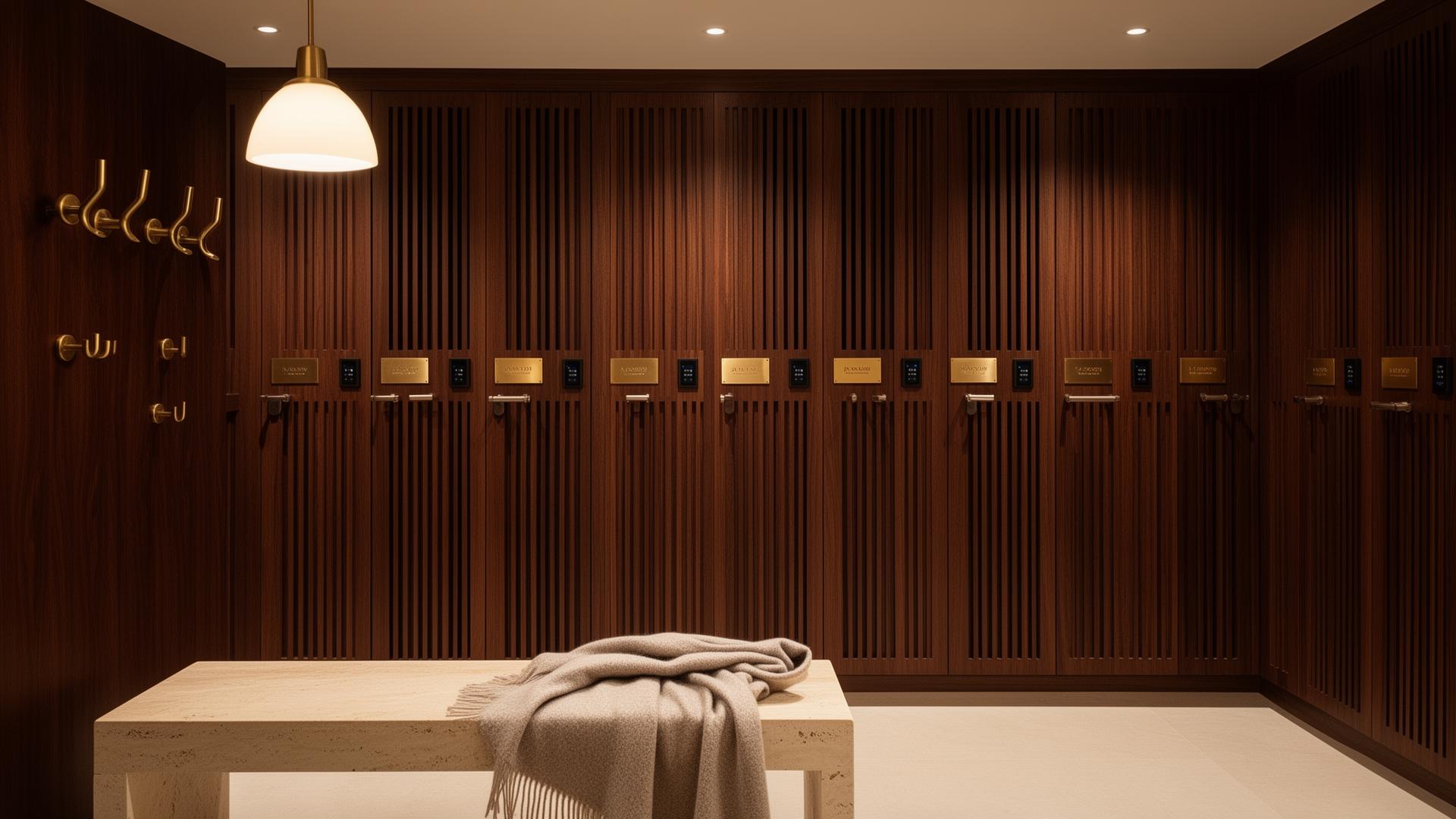 Oak member lockers with engraved brass name plates and keypad access