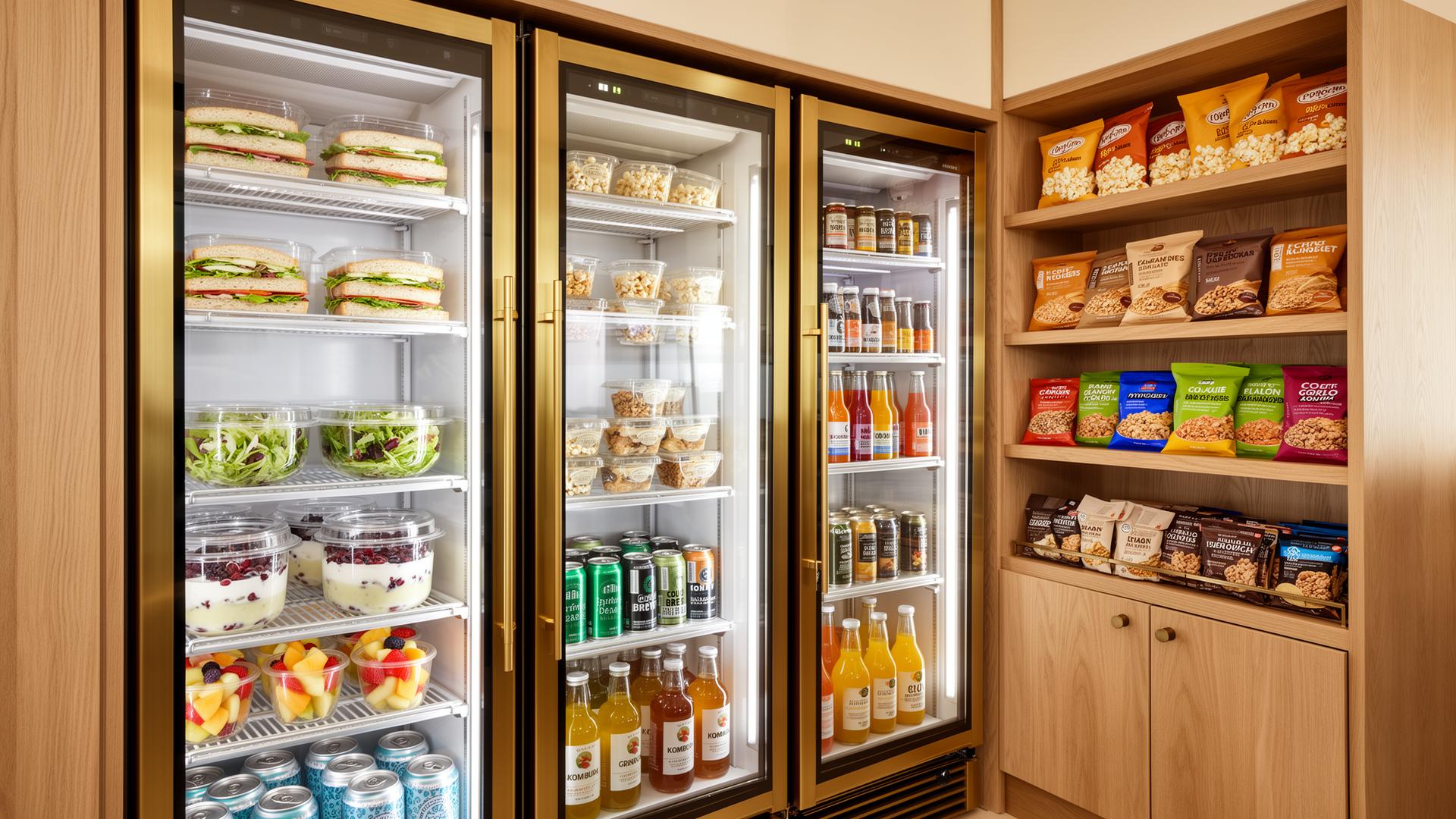 Glass-front smart refrigerators stocked with fresh sandwiches, salads, parfaits, fruit, sparkling water, kombucha and cold brew — premium micro-market