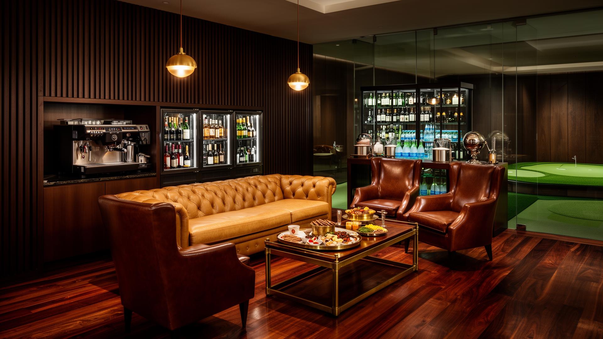 The private members lounge: putting green, leather chairs, warm light