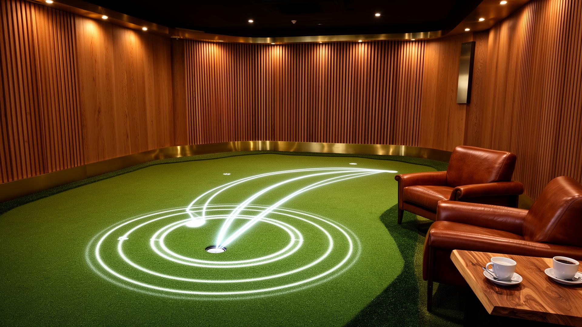 Members-only putting lounge with PuttView-style augmented reality projection — glowing aim lines and break arcs on premium synthetic turf